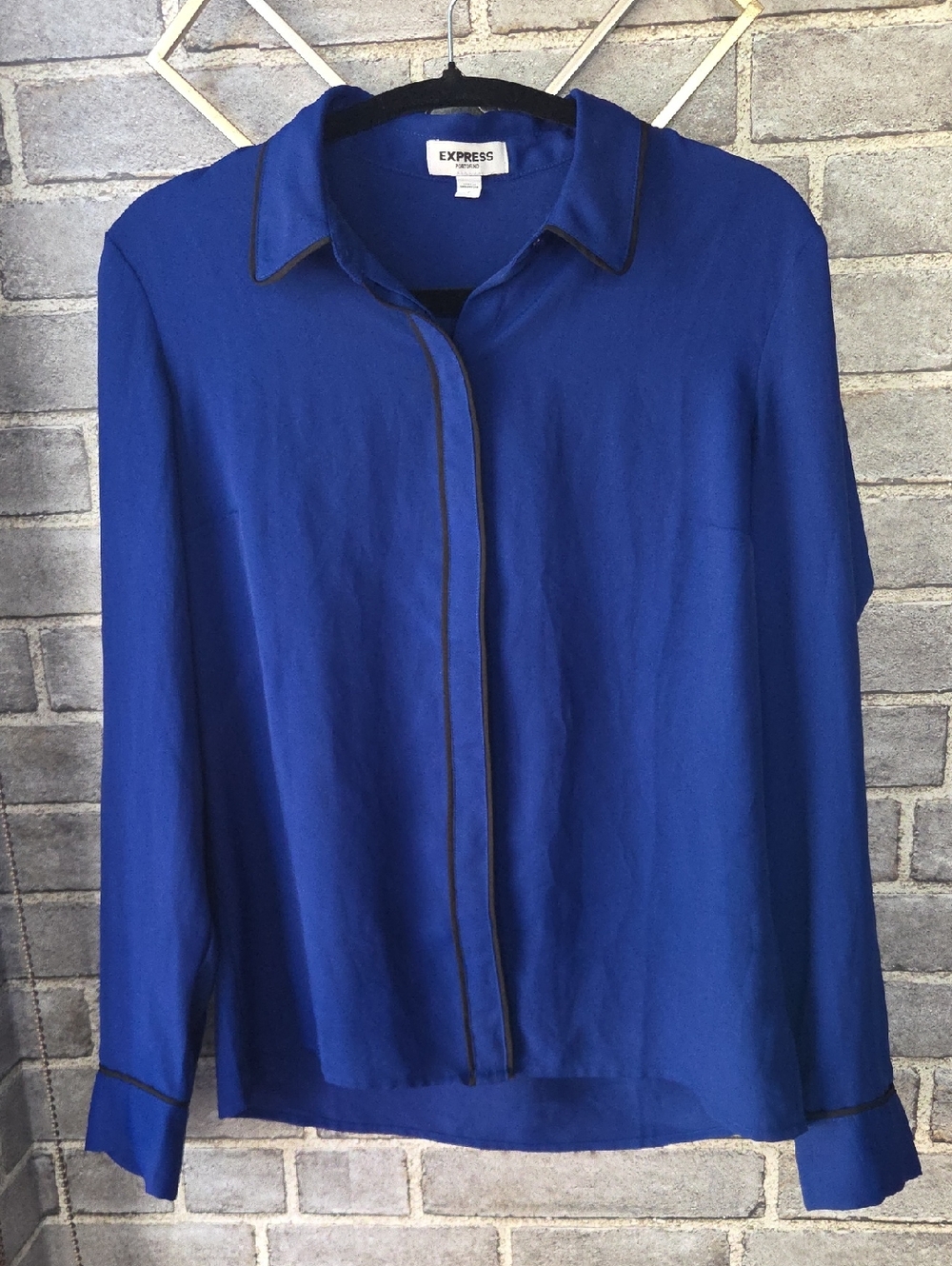 Express Cobalt Blue Button-Front Blouse with Dark Piping